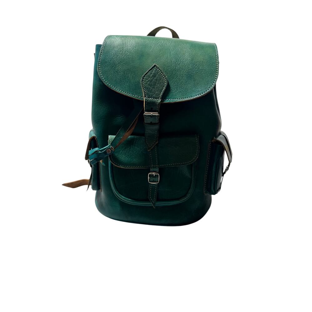 Vintage Backpack Bag Womens Teal Green Leather Rucksack Drawstring Buckle Pocket - Picture 6 of 16